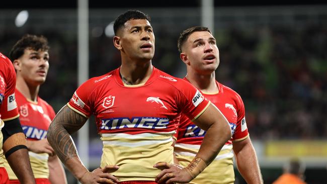 PERTH, AUSTRALIA - AUGUST 02: Jamayne Isaako of the Dolphins looks at the big screen during the round 22 NRL match between Dolphins and Sydney Roosters at HBF Park, on August 02, 2024, in Perth, Australia. (Photo by Janelle St Pierre/Getty Images)