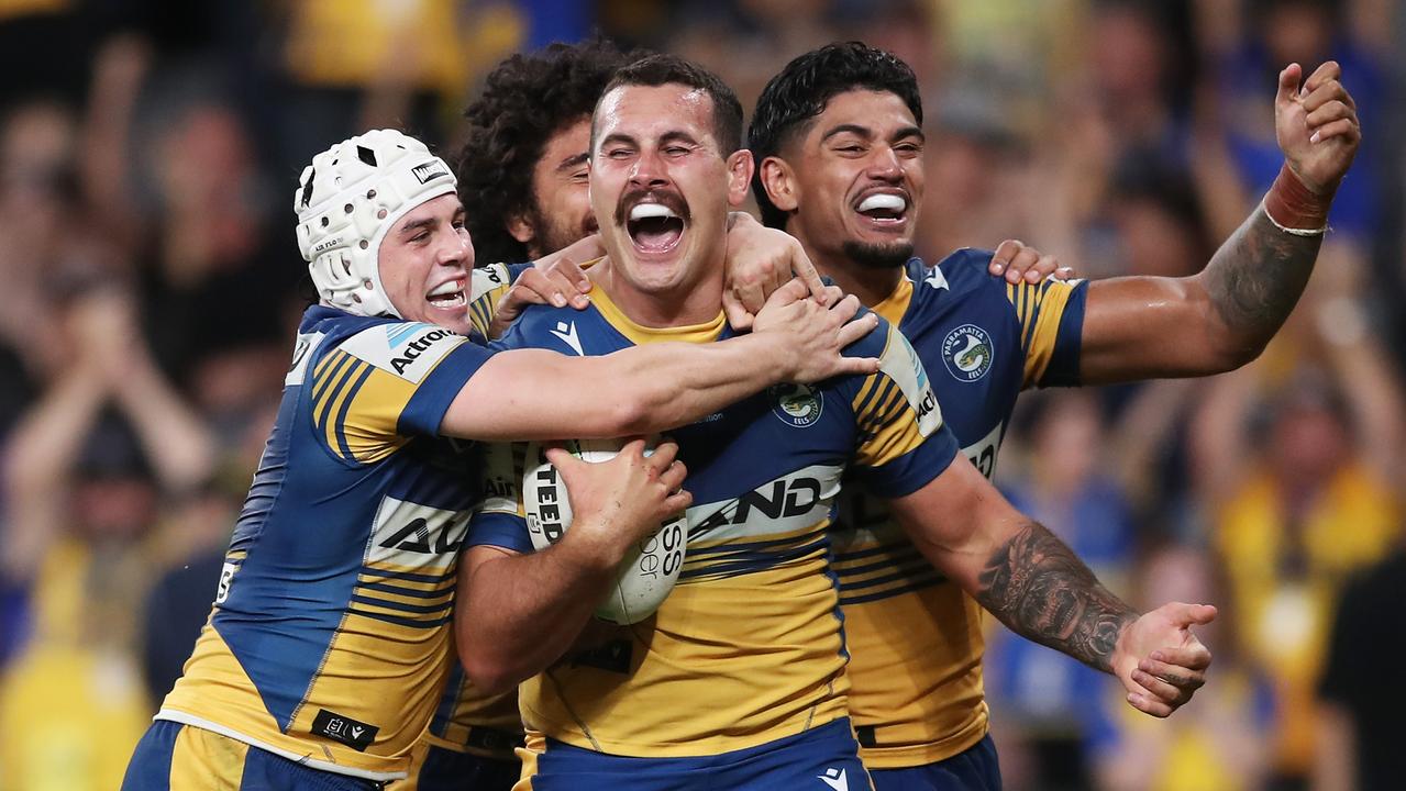 Reagan Campbell-Gillard celebrates his try against the Sharks last weekend. Photo by Matt King/Getty Images