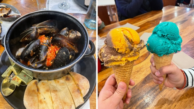 Chilli muscles at Mures Lower Deck and the biggest single scoop ice-cream too! Image: Leah Goulis / Kidspot
