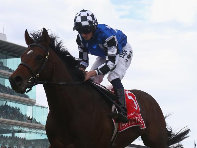 Ryan Moore rides Protectionist to win the Melbourne Cup.