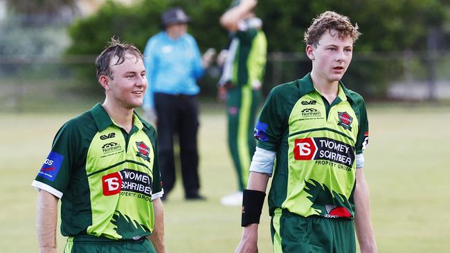 Brothers Henry King and Tommy King walk from the crease at the end of the over in the Cricket Far North first grade 40 over match between the Cairns Rovers and Norths, held at Griffiths Park, Manunda. Picture: Brendan Radke