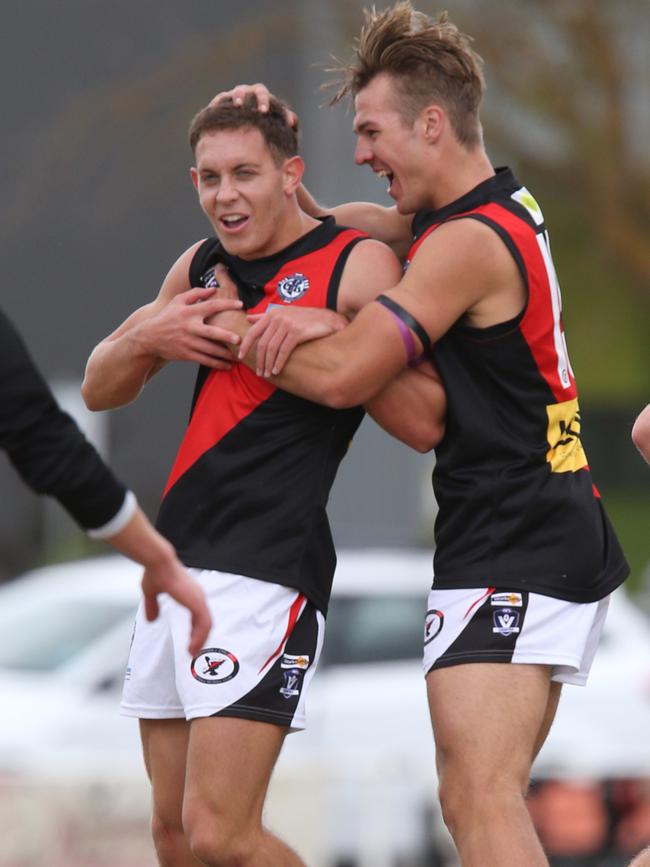 Football GFL: Bell Park v Newtown &amp; Chilwell . Newtown &amp; Chilwell 16 Charlie Harris kicks a goal and celebrates with 15 Lachlan Bond (right) Picture: Mark Wilson