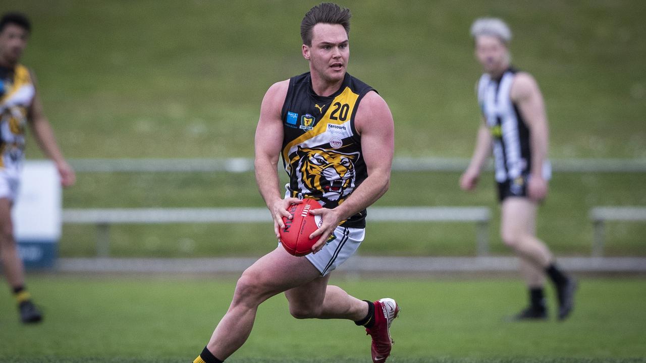 Kieran Lovell in action for Kingborough Tigers in Tasmania last year. Picture: Luke Bowden