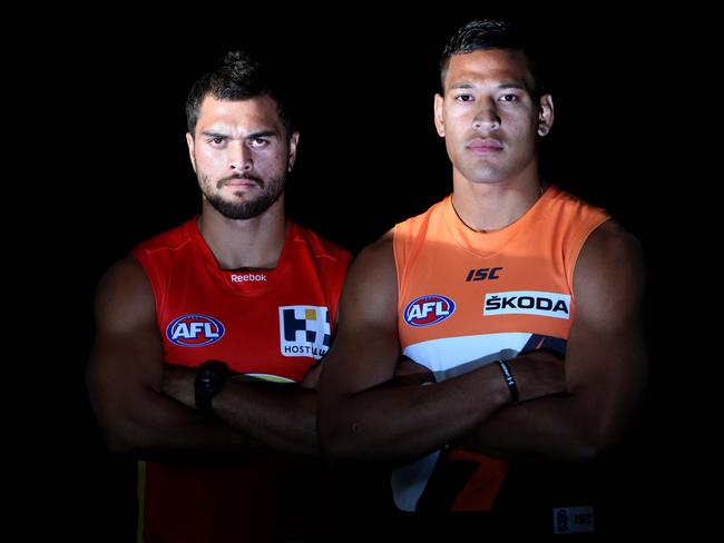 Karmichael Hunt (L) and Israel Folau in their AFL kits.