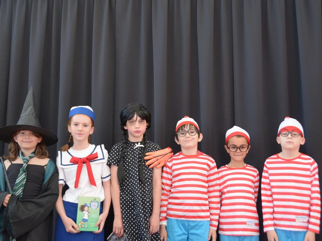 Sacred Heart Primary School students have dressed up for book week (from left) Slaina Hagin, Brydee Melson, Ivy Goodman, Vicent de Chastel, Xavier Marr, Ervin Althoff. Picture: Isabella Pesch