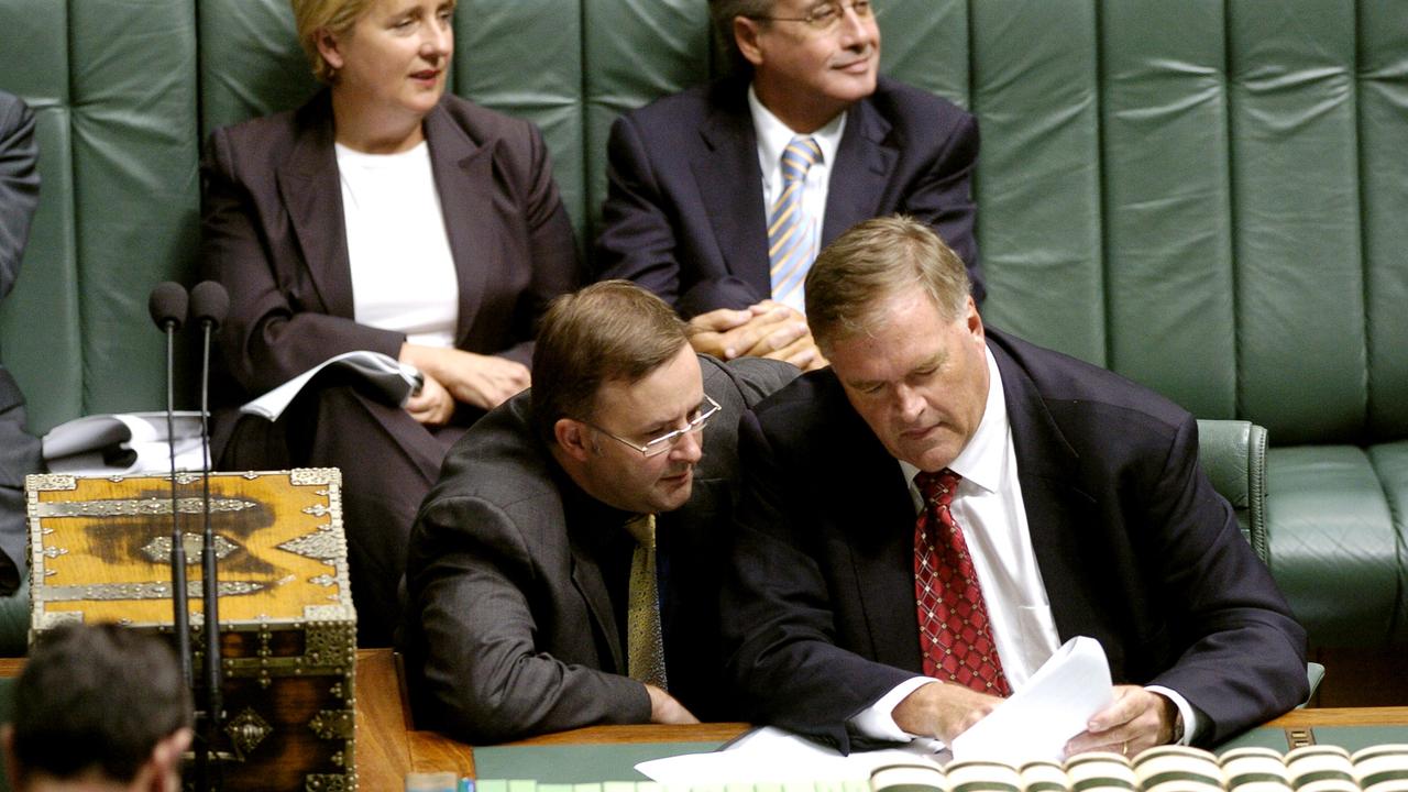 As an ALP frontbencher Anthony Albanese talks to former opposition leader Kim Beazley during question time in the House of Representatives chamber in 2005. Picture: AAP