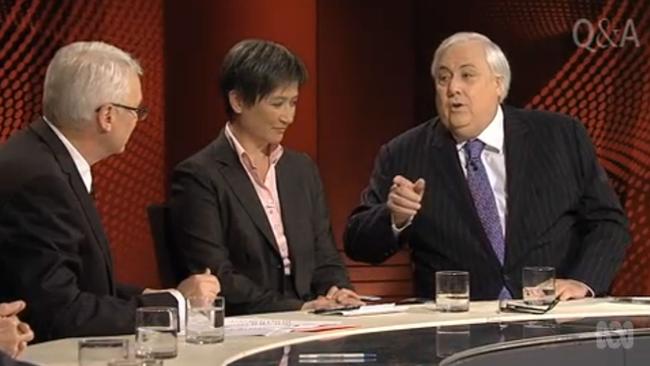 L-R: Q &amp; A host Tony Jones, Penny Wong and Clive Palmer, who called the Chinese Government "mongrels" and "bastards".