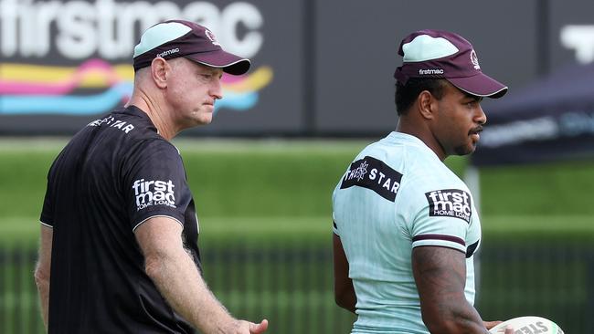 Coach Michael Maguire and Ezra Mam, Brisbane Broncos training, Red Hill. Picture: Liam Kidston