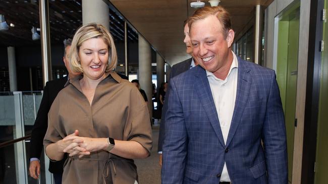 Queensland Health Minister Shannon Fentiman and Premier Steven Miles at the Sunshine Coast University Hospital on Monday. Picture: Lachie Millard