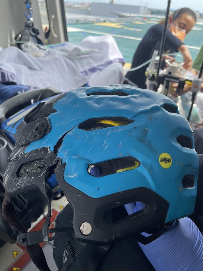 Aaron Tremul's bike helmet after he was struck from behind on his bike and almost killed. Picture: Supplied