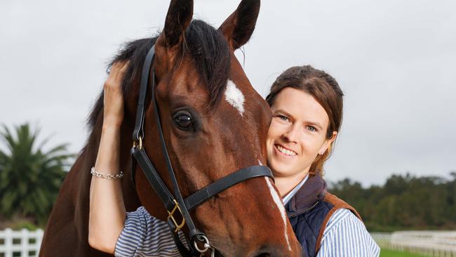 DAILY TELEGRAPH. Wyong racehorse trainer Sara Ryan has only been training for a year but she has already had a win, straight out of the gate almost 12 months ago. Pictured with her horse Attractable at Wyong Racecourse. Sunday 05/11/2023. Picture by Max Mason-Hubers