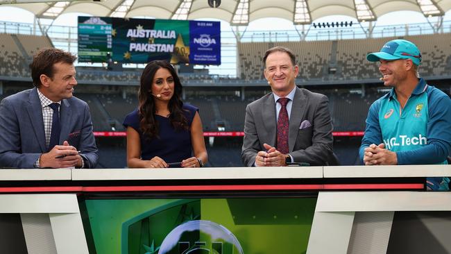 Adam Gilchrist, Isa Guha and Mark Waugh interview David Warner, far right. Picture: Getty Images