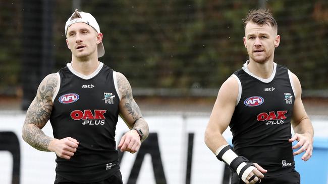 Port Adelaide training at Alberton Oval. Hamish Hartlett and Robbie Gray — both struggling with injuries. Picture SARAH REED