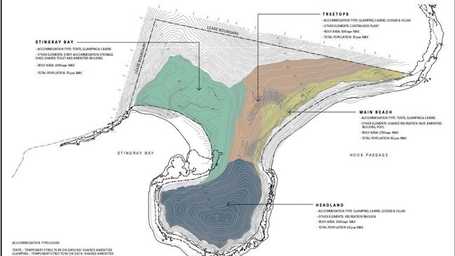 The resort will be split into four precincts: Stingray Bay, Treetops, Main Beach and Headland. Picture: Supplied