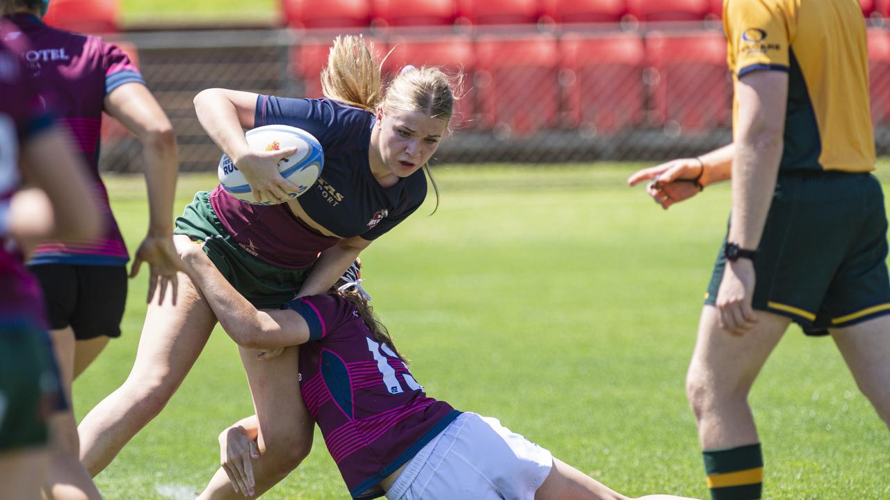 TAS U16 player Bridie Heeson in a club game as Downs Rugby host Next Gen 7s at Toowoomba Sports Ground, Saturday, October 12, 2024. Picture: Kevin Farmer