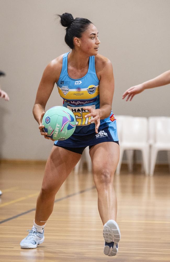 Jessyka Ngauamo of Gold Coast Titans against Darling Downs Panthers in Netball Queensland HART Sapphire Series Ruby League at Downlands College, Saturday, April 22, 2023. Picture: Kevin Farmer