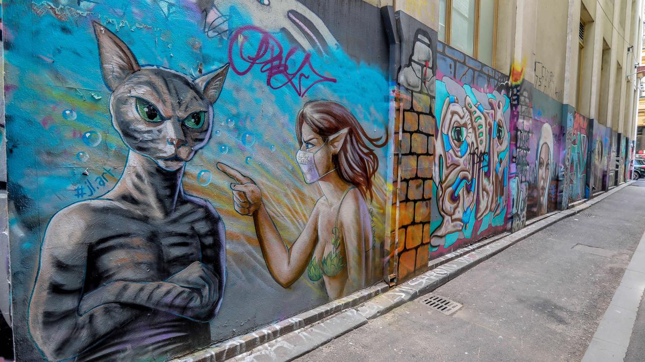 Coronavirus related street art in Flinders Court, Melbourne. Picture: NCA NewsWire/Tim Carrafa