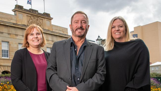 Newly elected members of Tasmanian Parliament, Member for Braddon Miriam Beswick, Member for Lyons Andrew Jenner, and Member for Bass, Rebekah Pentland of the Jacqui Lambie Network at Parliament Lawns, Hobart, Monday, April 8, 2024. Picture: Linda Higginson