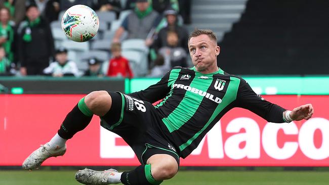 United striker Besart Berisha attempts a shot at goal. Picture: AAP