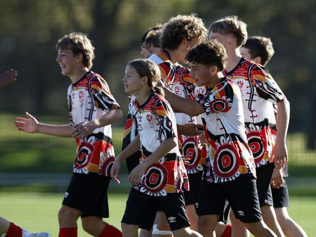 Northern NSW celebrates a goal. Picture: Michael Gorton. U16 Boys NAIDOC Cup at Lake Macquarie Regional Football Facility.