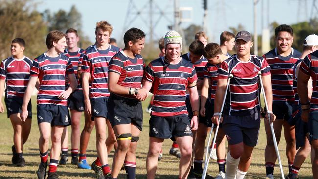 The Southport School celebrate after beating Gregory Terrace at St Joseph's College Playing Field, Tennyson, Saturday August 31, 2019. (AAP/Image Sarah Marshall)