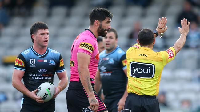 Skipper James Tamou copped a tough sin-binning after a run of six-again calls. Picture: Getty Images.