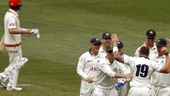 Victoria’s James Pattinson celebrates Callum Ferguson’s wicket in South Australia’s second innings of the round 3 Sheffield Shield match at the MCG. Picture: AAP Image/Daniel Pockett.