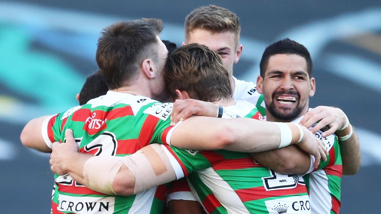 Rabbitohs celebrate a try.