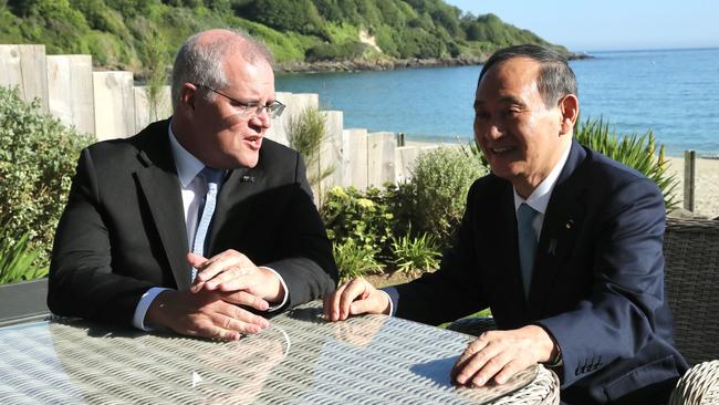 Scott Morrison with Japanese Prime Minister Yoshihide Suga at the Carbis Bay Estate in Cornwall. Picture: Adam Taylor