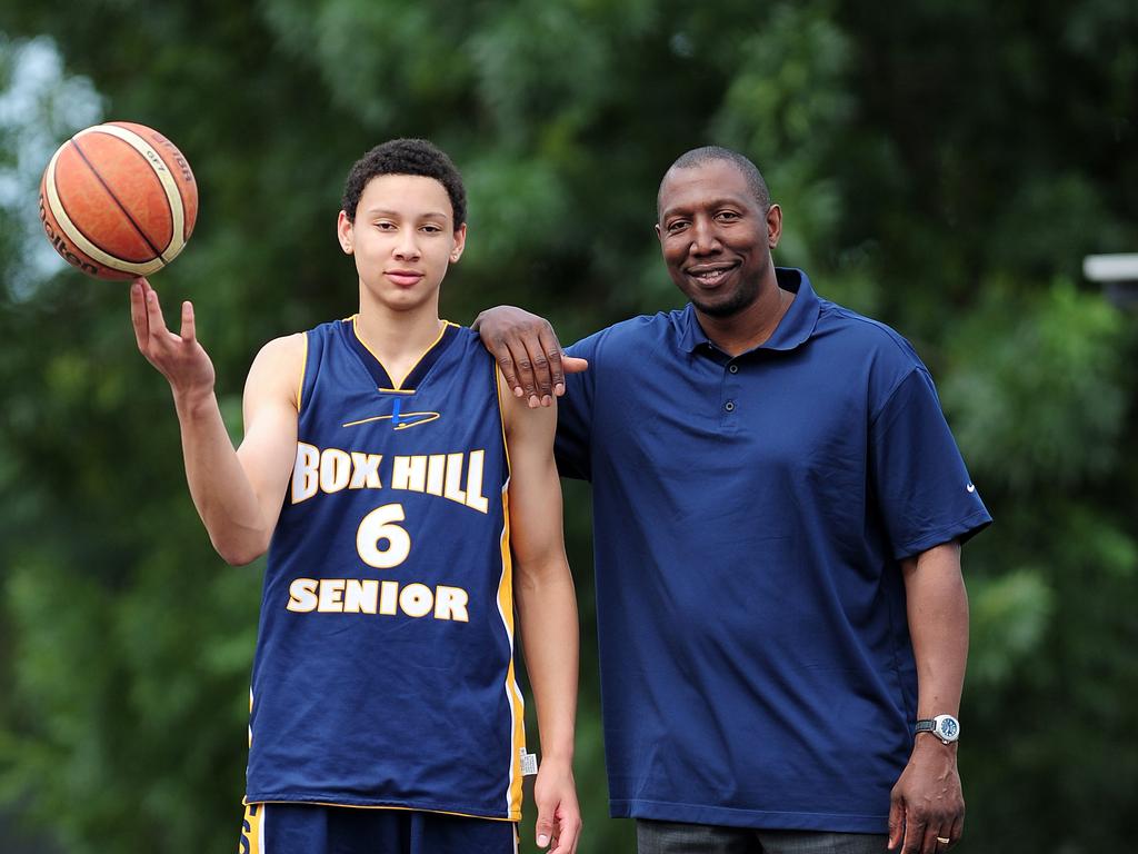 A 15-year-old Ben Simmons with dad and former Melbourne Tigers star Dave Simmons.