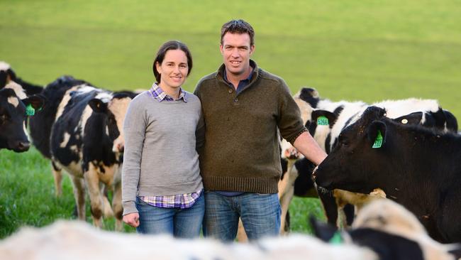 Farmer of the Year Simon and Lauren Finger on their dairy farm at Yannathan. Picture: Zoe Phillips