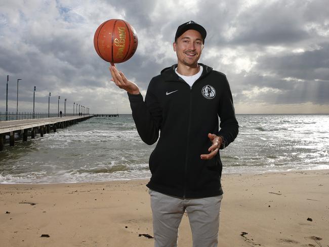 Dallas Mavericks signing Ryan Broekhoff on his beloved Frankston Beach. Picture: Michael Klein