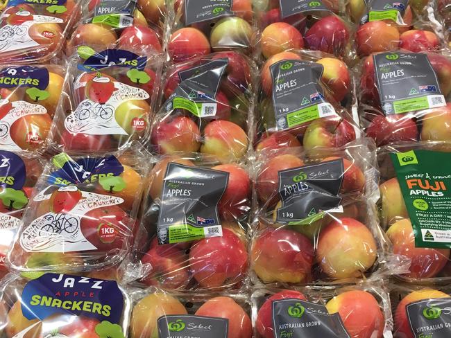 Apples are now often sold in plastic boxes, wrapped in plastic.