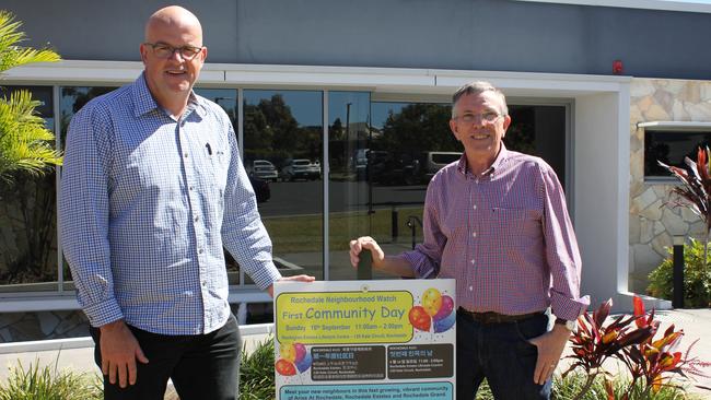 Rochedale Neighbourhood Watch area co-ordinator Mike Rapson with State LNP MP for Mansfield Ian Walker.