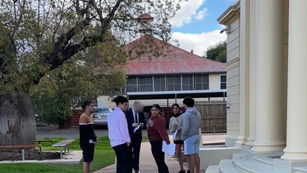 Jamie Jackson Dennis with his co-accused Mallita Wolf, Elijah Yanto David Hall, Gypsy-Lee Jackson, and Jack Thomas Fing outside the Roma Magistrates Court. Photo: Jacklyn O'Brien.