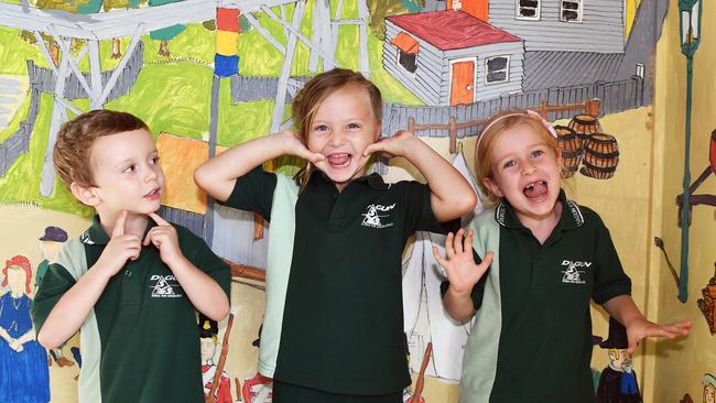 MY FIRST YEAR: Funny faces. Dagun State School Preps. (LtoR) Oscar Holliss, Lilli Barker, Thea lawton. Picture: Patrick Woods.