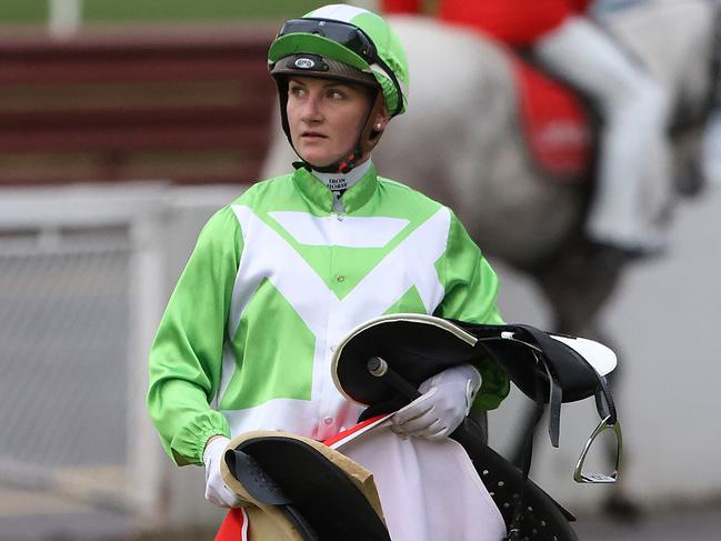 Jockey Jamie Kah is attempting her record-breaking 100th win at Sandown Racecourse in Melbourne. Jamie Kah after riding 'Part Time Lover'  in race 7. Picture: Alex Coppel.