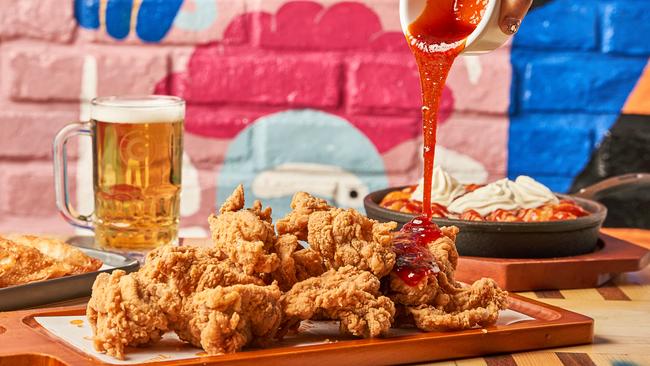 Two of life’s greatest pleasures: fried chicken and beer.