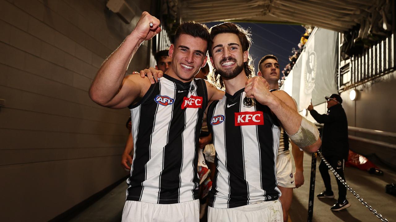 Nick Daicos and Josh Daicos of the Magpies celebrate a win. Picture: Michael Klein