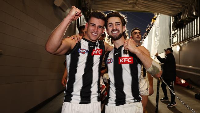 Nick Daicos and Josh Daicos of the Magpies celebrate a win. Picture: Michael Klein