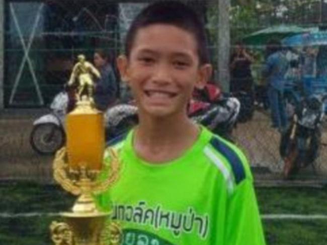 Monhkhol Boonpiam, 13, is one of 12 footballers saved from inside a flooded cave in the Tham Luang Forest Park. Picture: Supplied