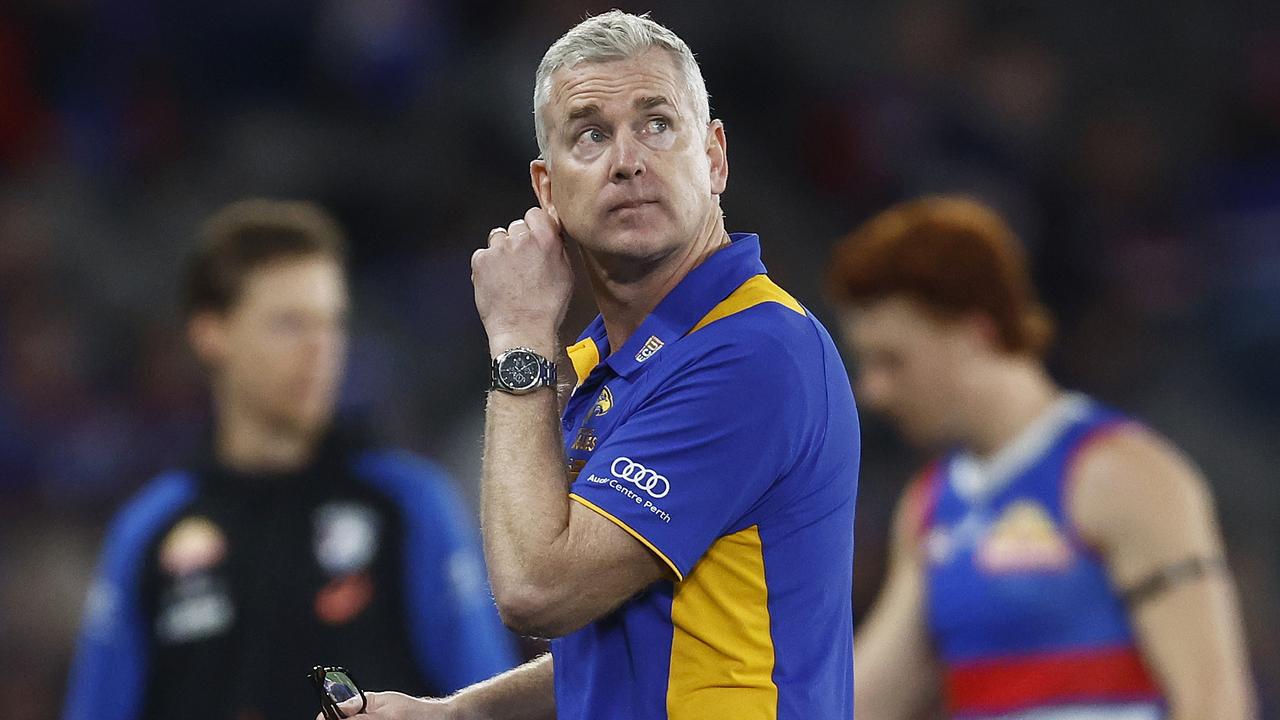 MELBOURNE, AUSTRALIA - AUGUST 20: Eagles head coach Adam Simpson looks on during the round 23 AFL match between Western Bulldogs and West Coast Eagles at Marvel Stadium, on August 20, 2023, in Melbourne, Australia. (Photo by Daniel Pockett/Getty Images)