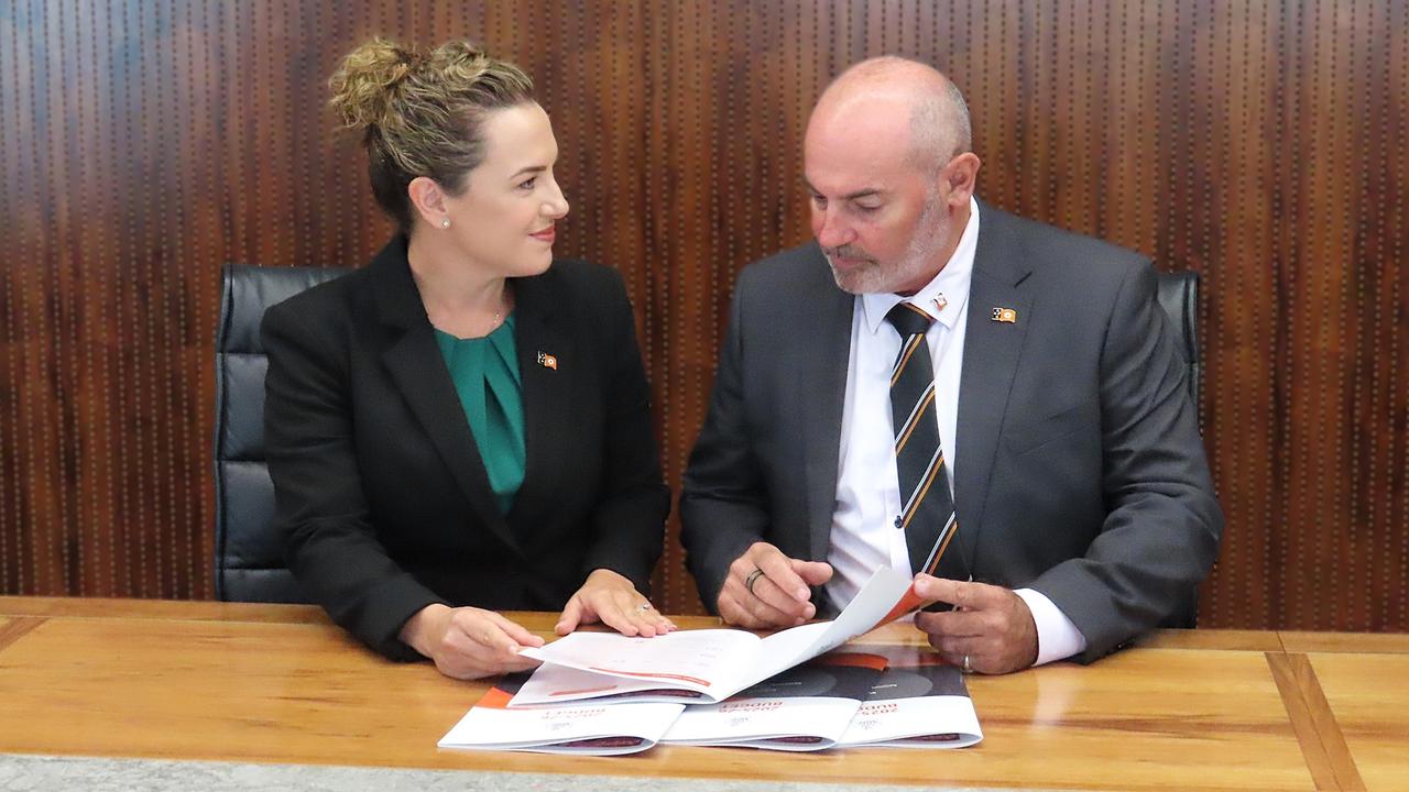 Northern Territory Chief Minister Lia Finocchiaro and Treasurer Bill Yan. The CLP will deliver the NT Budget 2025-26 on May 13, promising a record spend on law and order. Picture: Fia Walsh.