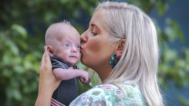 Jess Smith with her baby Sonny who was born at 26 weeks at Monash Childrens Hospital. Picture: Wayne Taylor.