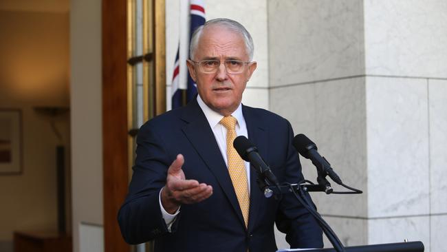 PM Malcolm Turnbull holding a press conference in the Prime Ministers Courtyard, Parliament House in Canberra.