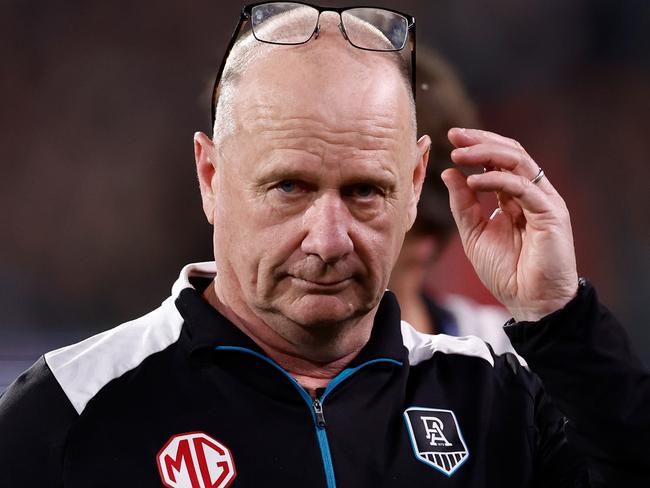 ADELAIDE, AUSTRALIA - SEPTEMBER 05: Ken Hinkley, Senior Coach of the Power looks on during the 2024 AFL Second Qualifying Final match between the Port Adelaide Power and the Geelong Cats at Adelaide Oval on September 05, 2024 in Adelaide, Australia. (Photo by Michael Willson/AFL Photos via Getty Images)