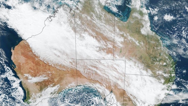 Satellite image captured on Monday morning, showing a huge northwest cloud band over Australia and cold front hitting SA. Picture: Weatherzone