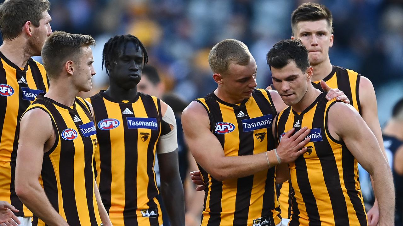 Hawthorn players check on Jaeger O'Meara.