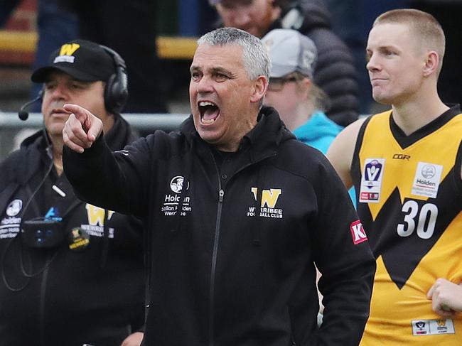 VFL First semi-final. 08/09/2019. Essendon v Werribee at North Port Oval..   Werribee coach Mark Williams screams from the bench late in the last qtr   . Pic: Michael Klein.