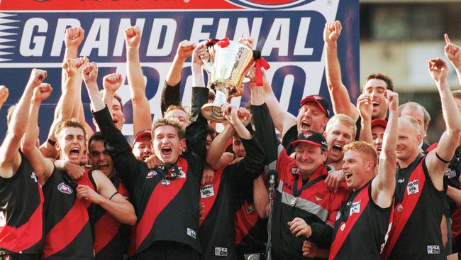 Kevin Sheedy and captain James Hird after Essendon’s all-conquering 2000 team won the Grand Final.